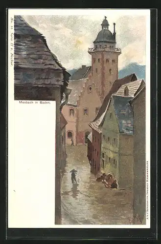 Künstler-AK Mosbach in Baden, Strassenpartie mit Gebäudeansicht bei Regen