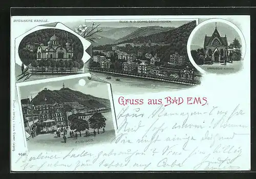 Mondschein-Lithographie Bad Ems, Russische Kapelle, Kurhaus, Blick n. d. Schweizerhäuschen