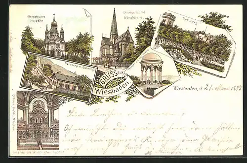 Lithographie Wiesbaden, Neroberg mit Bahnhof, Griechische Kapelle, Tempel auf Neroberg