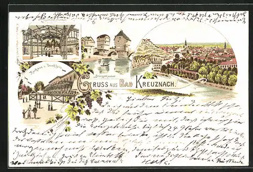 Lithographie Bad Kreuznach, Kurhaus u. Trinkhalle, Brückenhäuser