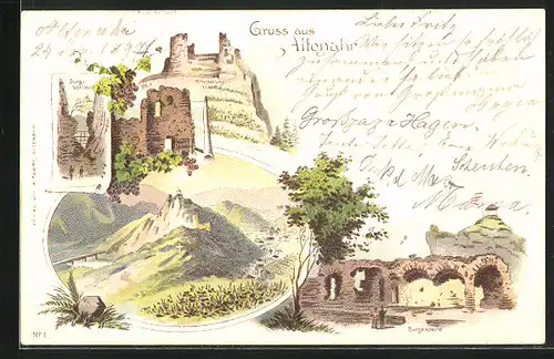 Lithographie Altenahr, Burgkapelle, Burg-Verliess, Rittersprung