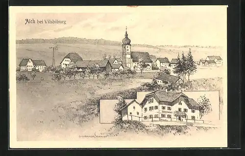 Künstler-AK Aich b. Vilsbiburg, Ortspartie mit Kirche