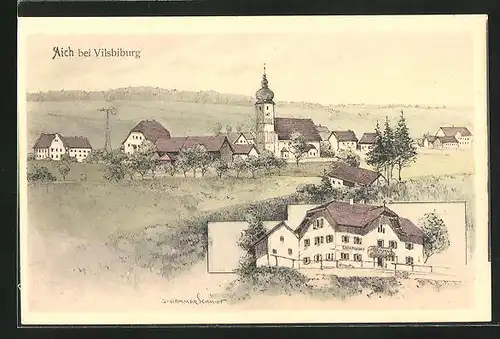 Künstler-AK Aich b. Vilsbiburg, Ortspartie mit Kirche