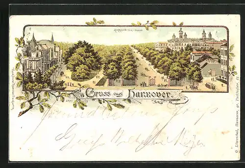 Lithographie Hannover, Herrnhäuser-Allee aus der Vogelschau