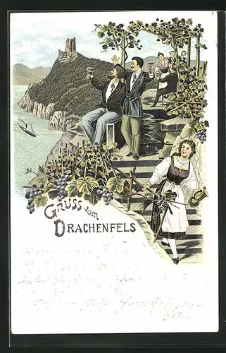 Lithographie Königswinter, Drachenfels mit Ruine