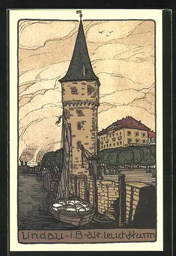 Steindruck-AK Lindau i. B., Alt. Leuchtturm