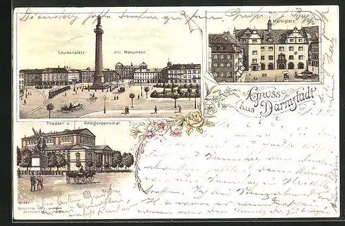 Lithographie Darmstadt, Louisenplatz mit Monument, Theater u. Kriegerdenkmal
