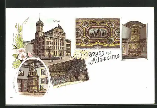 Lithographie Augsburg, Rathaus, Deckenansicht, Der goldne Saal