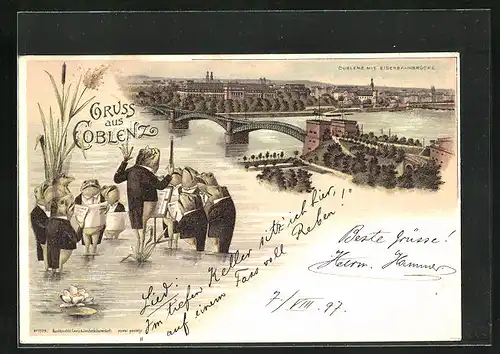 Lithographie Coblenz, Panorama mit Eisenbahnbrücke, Frösche beim Singen
