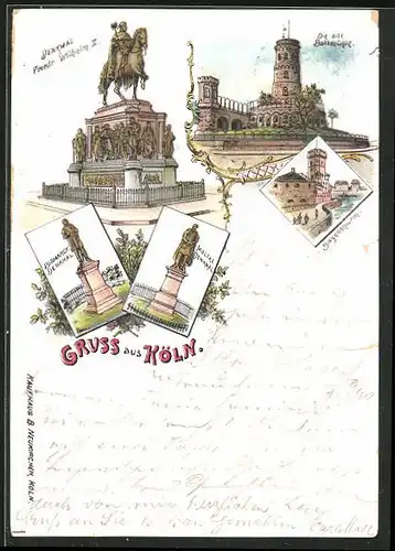 Lithographie Köln, Die alte Bollmühle, Bayernthurm, Bismarck-Denkmal