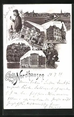 Lithographie Nordhausen, Hotel Wilhelmshöhe, Rathaus, Riesenhaus und Lutherdenkmal