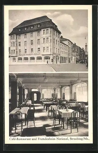 AK Straubing /Nb., Cafe-Restaurant National, Innen- und Aussenansicht