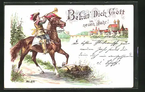 Lithographie Trompeter von Säckingen zu Pferde mit Behüt Dich Gott im neuen Jahr