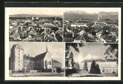 AK Wiener Neustadt, Gesamtansicht, Totalansicht gegen Schneeberg, Kriegsschule in zwei Ansichten
