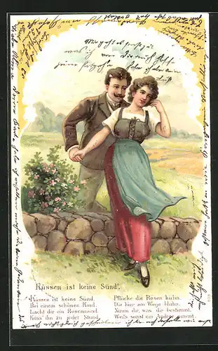 Präge-Künstler-AK Liebespaar, auf dem feld an einer kleinen Mauer, Küssen ist keine Sünde