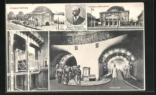 AK Hamburg-St. Pauli, Elbtunnel, Eingänge, Fahrstuhl, Blick in den Elbtunnel
