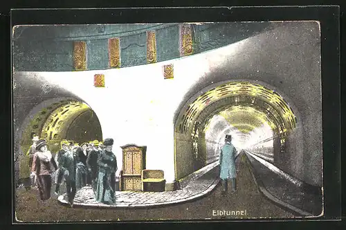 AK Hamburg-St. Pauli, Elbtunnel, Passanten im Inneren