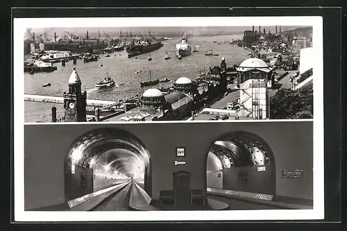 AK Hamburg-St. Pauli, Hafen mit Aussen- und Innenansicht des Elbtunnels