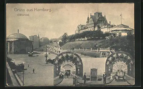 AK Hamburg-St. Pauli, Aussen- und Innenansicht vom Elbtunnel