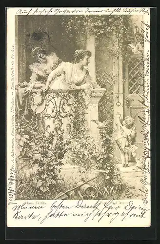 Künstler-AK Hans Zatzka: Postillen d`Amour, Frauen auf dem Balkon, Amor an der Türglocke