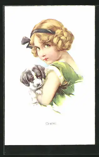 Künstler-AK Schilbach: Gretel mit einem Hundewelpen im Arm