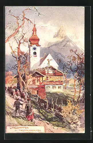 Künstler-AK Edward Harrison Compton: Langkampfen, Wanderer an der Kirche mit Blick zur Treffauerspitze