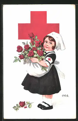 Künstler-AK P. O. Engelhard (P.O.E.): Kleine Krankenschwester mit Rosen, Rotes Kreuz