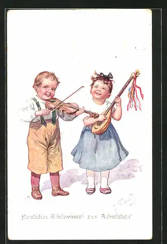 Künstler-AK Karl Feiertag: Kinderpaar musiziert auf Gitarre und Geige ein Geburtstagsständchen