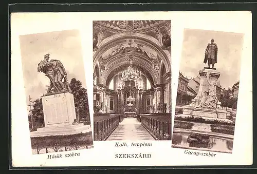 AK Szekszárad, Hosök szobra, Kath. templom, Garay-szobor