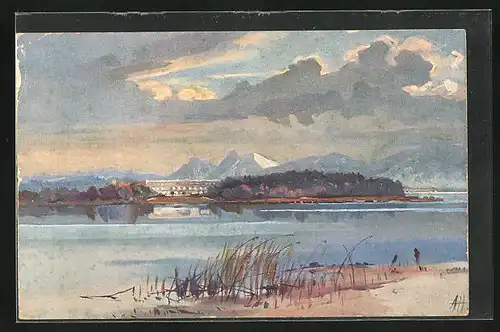 Künstler-AK Herreninsel, Blick über den See zum Schloss