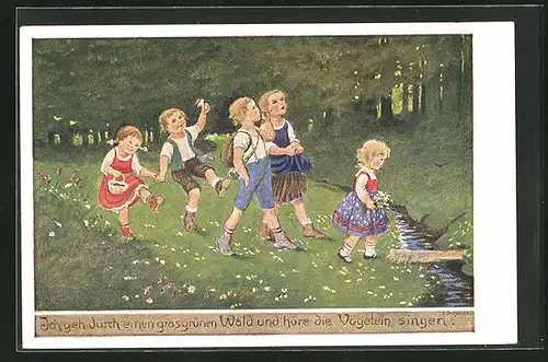 Künstler-AK Franziska Schenkel: Kindergruppe - Ich geh durch einen grasgrünen Wald und höre die Vöglein singen