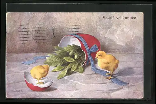 Künstler-AK C. Öhler: Küken und Ei mit Eichenlaub