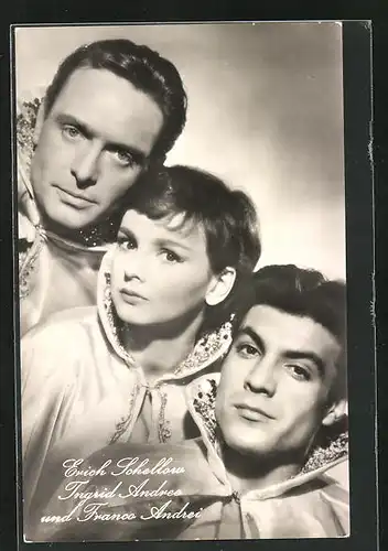 AK Schauspieler Erich Schellow, Ingrid Andree und Franco Andrei in dem Film Drei vom Varietè