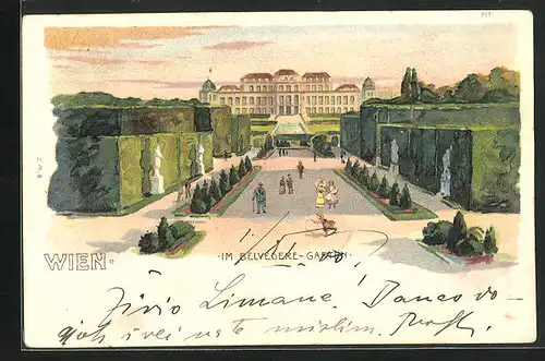 Lithographie Wien, Partie im Belvedere-Garten