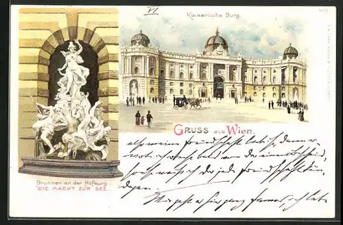 Lithographie Wien, Hofburg, Kaiserliche Burg und Brunnen an der Hofburg