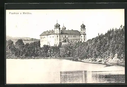 AK Mnisek, Blick über das Wasser zum Schloss