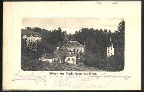 Präge-AK Maria Grün, Wohnhäuser und kleine Kapelle