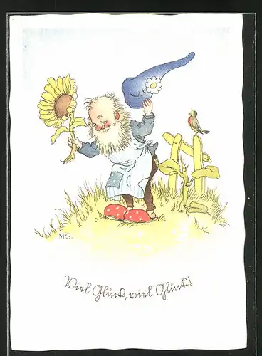 Künstler-AK Zwerg, Sonnenblume in der Hand, Vogel auf dem Gartenzaun