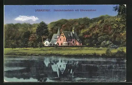AK Darmstadt, Steinbrückerteich mit dem Oberwaldhaus