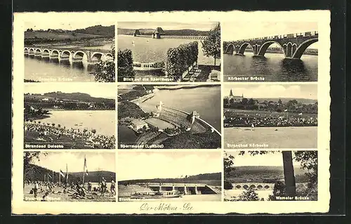 AK Soest, Sperrmauer der Talsperre, Fliegeraufnahme, Strandbad Körbecke, Wameler Brücke, Stockumer Damm, Möhne-See