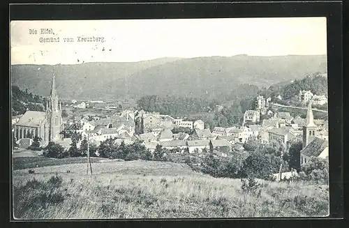 AK Gemünd i. Eifel, Stadtansicht mit der Kirche Sankt Nikolaus vom kreuzberg aus