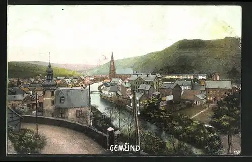 AK Gemünd i. Eifel, Strasse über der Urft, Blick zur Sankt-Nikolaus Kirche