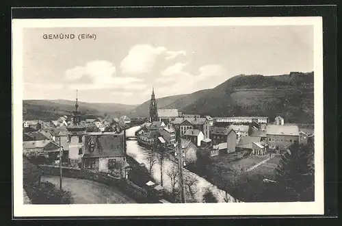 AK Gemünd i. Eifel, Blick zur Kirche Sankt Nikolaus, Urftpartie