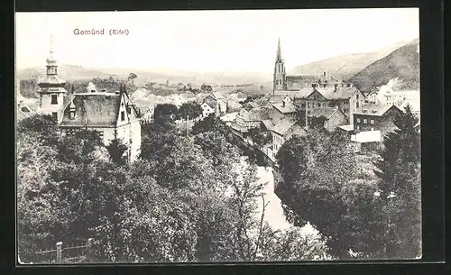 AK Gemünd i. Eifel, Blick über die Stadt und die Urft zur Kirche Sankt Nikolaus