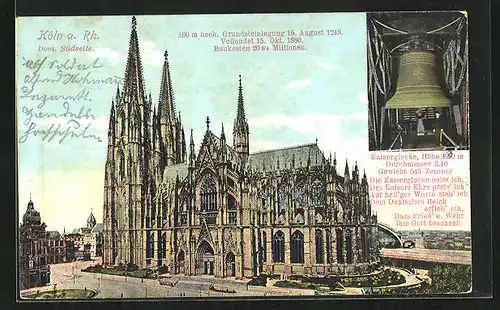 AK Köln a. Rhein, der Dom, Südansicht und Kaiserglocke