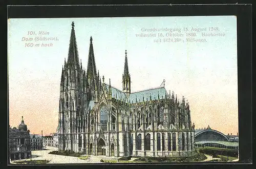 AK Köln a. Rhein, der Dom, Ansicht von Süden, Blick zum Bahnhof