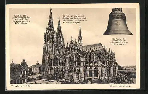 AK Köln a. Rhein, der Dom, Südansicht und St. Peterglocke