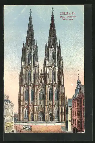 Lithographie Köln a. Rhein, Dom, Strassenbahn vor der Westseite