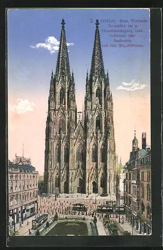 AK Köln a. Rhein, Dom, Westseite und Strassenbahnen auf dem Vorplatz