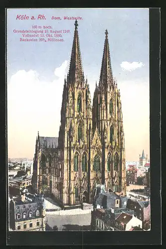 AK Köln a. Rhein, Dom, Westansicht mit den Kirchtürmen, Häuser am Domplatz